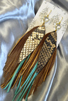 Gold Metallic Snakeskin Leather Fringe Earrings