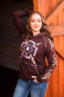 Brown Athletic Fleece Hooded Sweatshirt with Coral and Blue Graphics