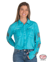 Turquoise Sport Pullover Button Up with Feathers and Arrows