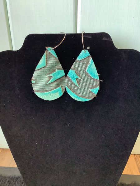 Blue Tooled Leather Earrings